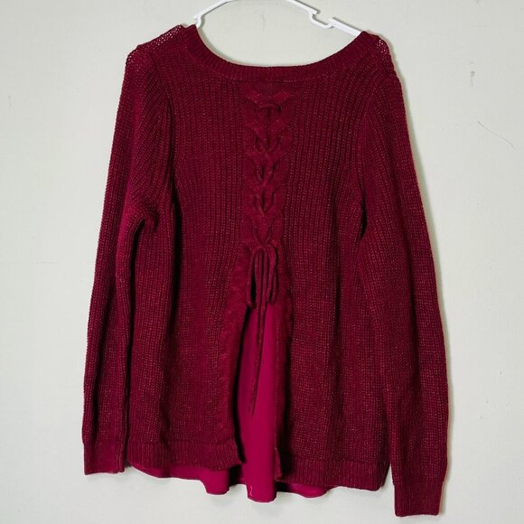 Torrid Sweater‎ Tunic Women's 0 Red V-Neck Lace-Up Back Ribbed Grandma Barn - Picture 2 of 13